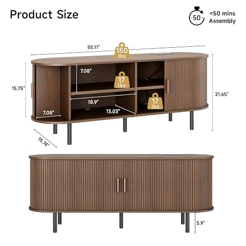 ONBRILL 55" TV Stand with Power Outlet for TVs up to 60 Inch, Entertainment Center with Storage and Adjustable Shelves, Modern Media Console with Sliding Doors for Living Room, Walnut thumbnail 2