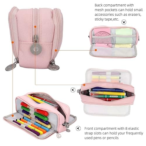 Pencil Case Pink, Pen Case for Adult with Double Zippers Closure, Stationery Supplies Cute Pen Pouch with Compartments for Middle High School Student Kids Boy Girl Teen Adult (Pink) thumbnail 5