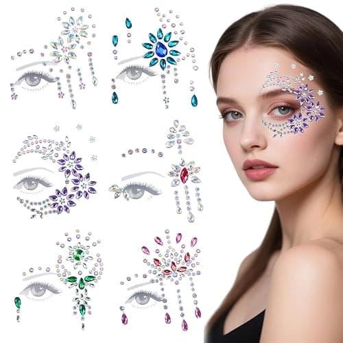 6 Ensembles Strass Autocollant Visage, Gemmes de visage, Tatouages Temporaires Gemmes en Strass pour fête de musique, festival, vacances, Halloween, Noël - Image 1