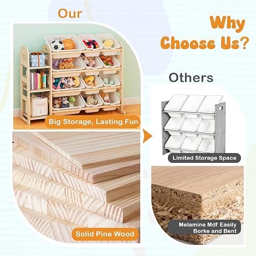 Toy Storage Organizer, Wooden Toy Organizers and Storage with Bookshelf, Toy Storage Shelf with 3 Shelves and 12 Storage Bins, Kids Bookshelf for Playroom, Nursery, Bedroom, Bookcase for Kids, White thumbnail 7