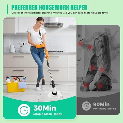 YKYI Electric Spin Scrubber, Cordless Power Scrubber Cleaning Tool with 8 Replaceable Heads and Extension Handle for Bathroom, Tub, Tile, Floor, Grout and Car (White) thumbnail 5