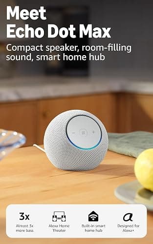 Amazon Echo Dot Max (newest model), Alexa speaker with room-filling sound and nearly 3x bass, Great for living rooms and medium-sized spaces, Designed for Alexa+, Glacier White thumbnail 2