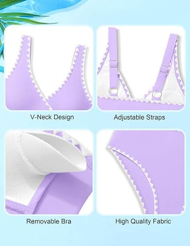 KANGKANG Girls Swimsuit Bikini Set Solid Color V-Neck Two Piece Bathing Suit with Chest Pad Adjustable Straps Swimwear 7-16T thumbnail 6