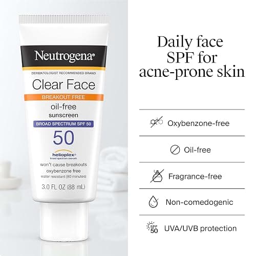 Neutrogena Clear Face Sunscreen Lotion SPF 50 for Acne-Prone Skin Broad Spectrum UVA UVB Protection Oil-Free No-Fragrance No-Oxybenzone Water-Resistant Daily Face Moisturizer, 3 fl oz thumbnail 5