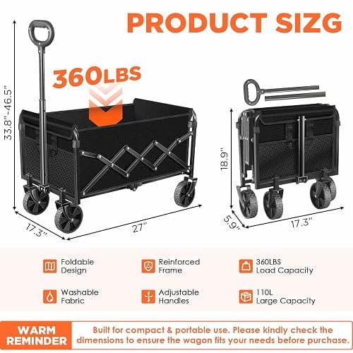 Wagons Carts Foldable, Collapsible Folding Wagon, Portable Folding Wagon Cart with Wheels, Outdoor Utility Carts for Groceries, Camping, Sports, Shopping, Black thumbnail 2