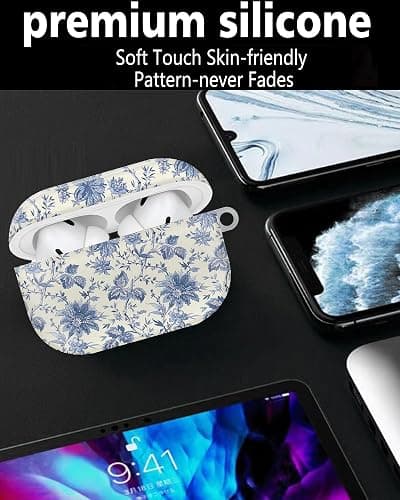 Compatible with AirPod Pro 2nd//1st Generation Case Cover with Gold Keychain,Full Protective Shockproof Wireless Headphone Case for Airpod Pro 2023/2022/2019 Delicate Blue Flowers thumbnail 5