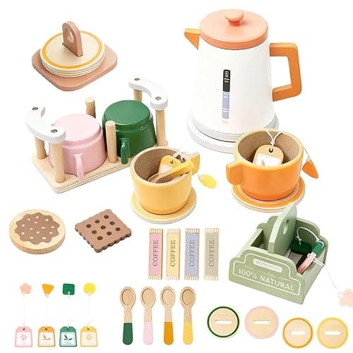 Benhurb Wooden Tea Set for Toddlers, Childrens Tea Party set for Kids, Afternoon Teapot Coffee Kitchen Accessories Pretend Role Play Food Toys Birthday for 3 4 5 Years Old Girls Boys - Image 1