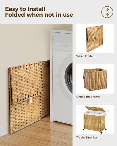 Greenstell Laundry Hamper with Wheels&Lid, 130L Large 3 Sections Clothes Hamper with 2 Types Removable Liner Bags, 5 Mesh Laundry Bags, Handwoven Divided Laundry Basket for Clothes, Natural thumbnail 8