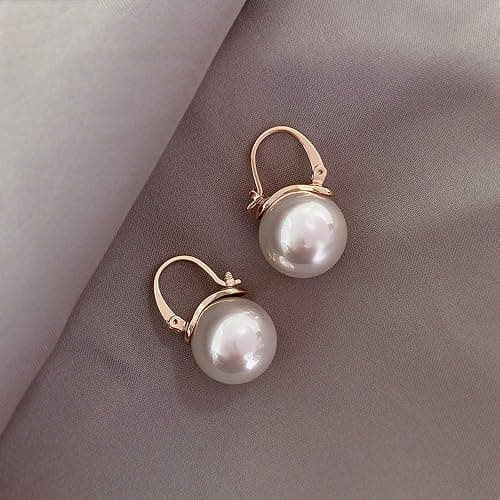 OwMell Elegant 925 Sterling Silver Pearl Drop Earrings Dangle Stud Gold Plated Earrings for Women Large Size 12mm thumbnail 7