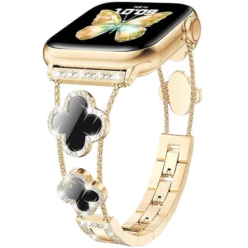 CTYBB Bling Diamond Band Compatible with Apple Watch Bands for Women 42mm 44mm 45mm 46mm Series 11 10 9 8 7 6 5 4 SE 3 2 1, Sparkle Metal Bracelet Wristband, Cute Lucky Clover Dressy iWatch Band,Gold/Black - Image 1