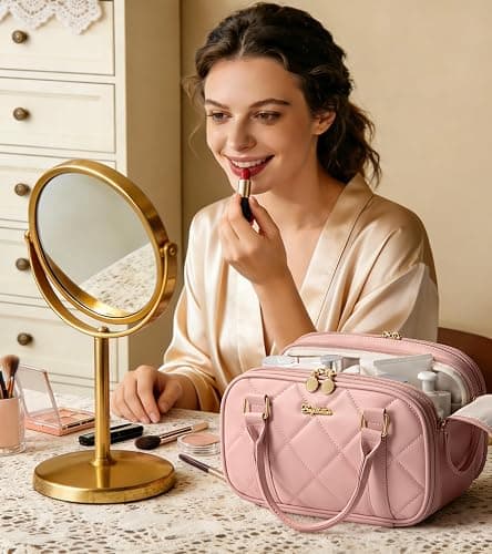 Bagstellar Travel Makeup Bag, Large Capacity Quilted Toiletry Bag for Women Stand-up Cosmetic Bag Open Flat Make Up Case Organizer Portable Pouch Purse w/Handle for Traveling Accessories, Camel thumbnail 9