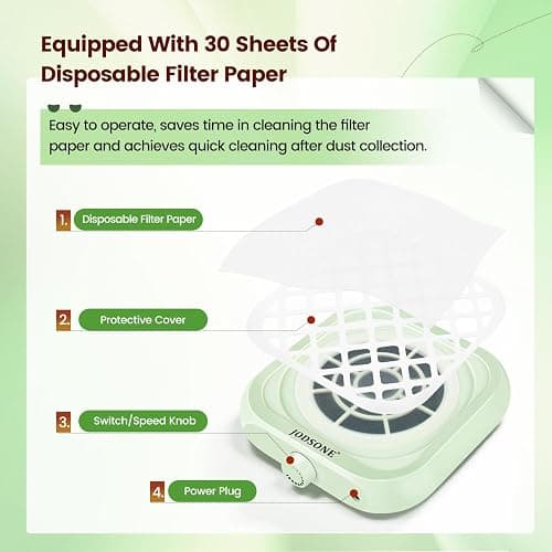JODSONE 6000RPM Mini Nail Dust Collector Powerful Suction Portable PocketSized Nail Salon with 30 Filters Green thumbnail 8