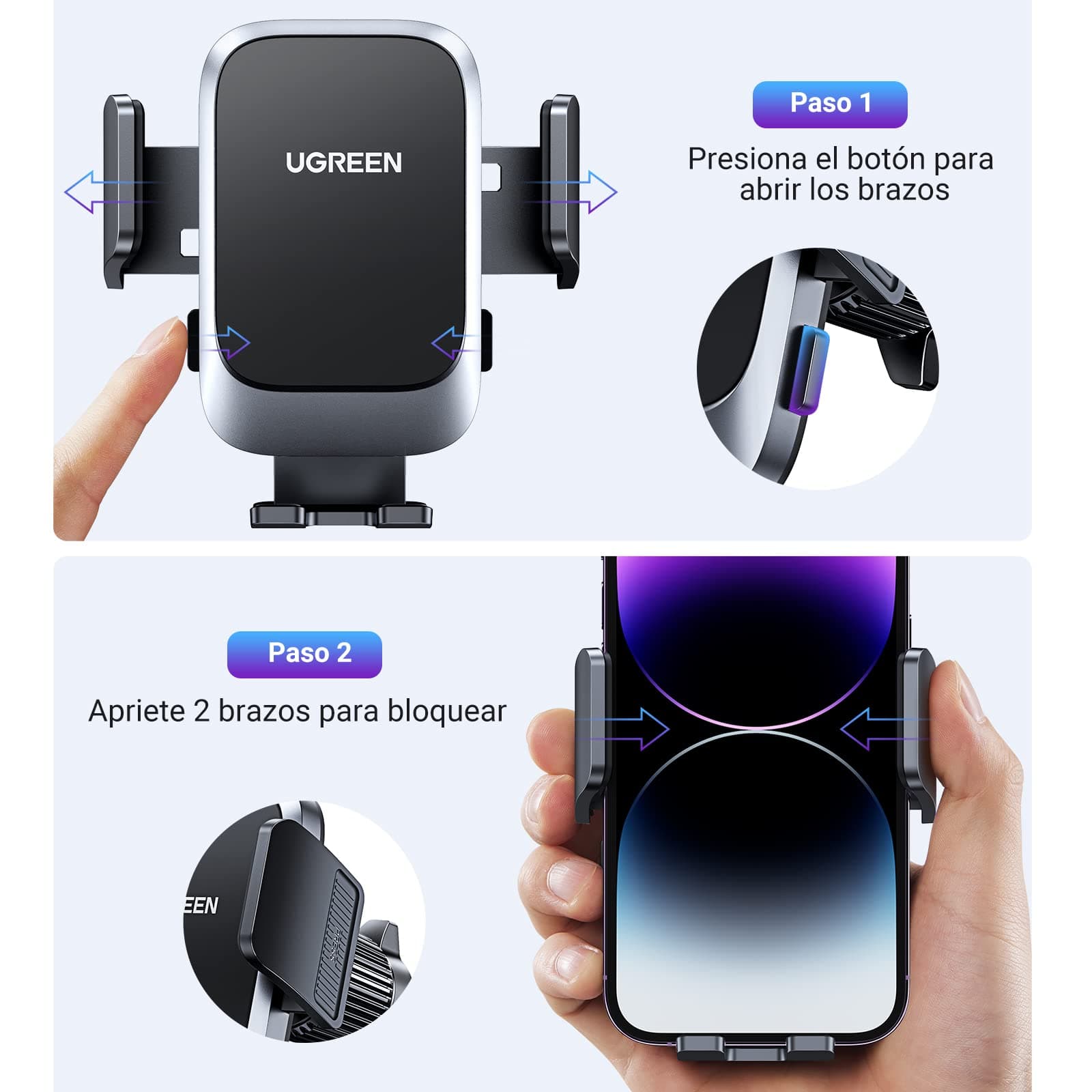 UGREEN Soporte Celular Automóvil, Base Porta Móvil Auto Giratorio 360° con Gancho Metálico y Botón de Liberación, Uso con Una Sola Mano para iPhone 16 15 14 13 Pro MAX, Galaxy S24 S23 S22 Ultra thumbnail 3