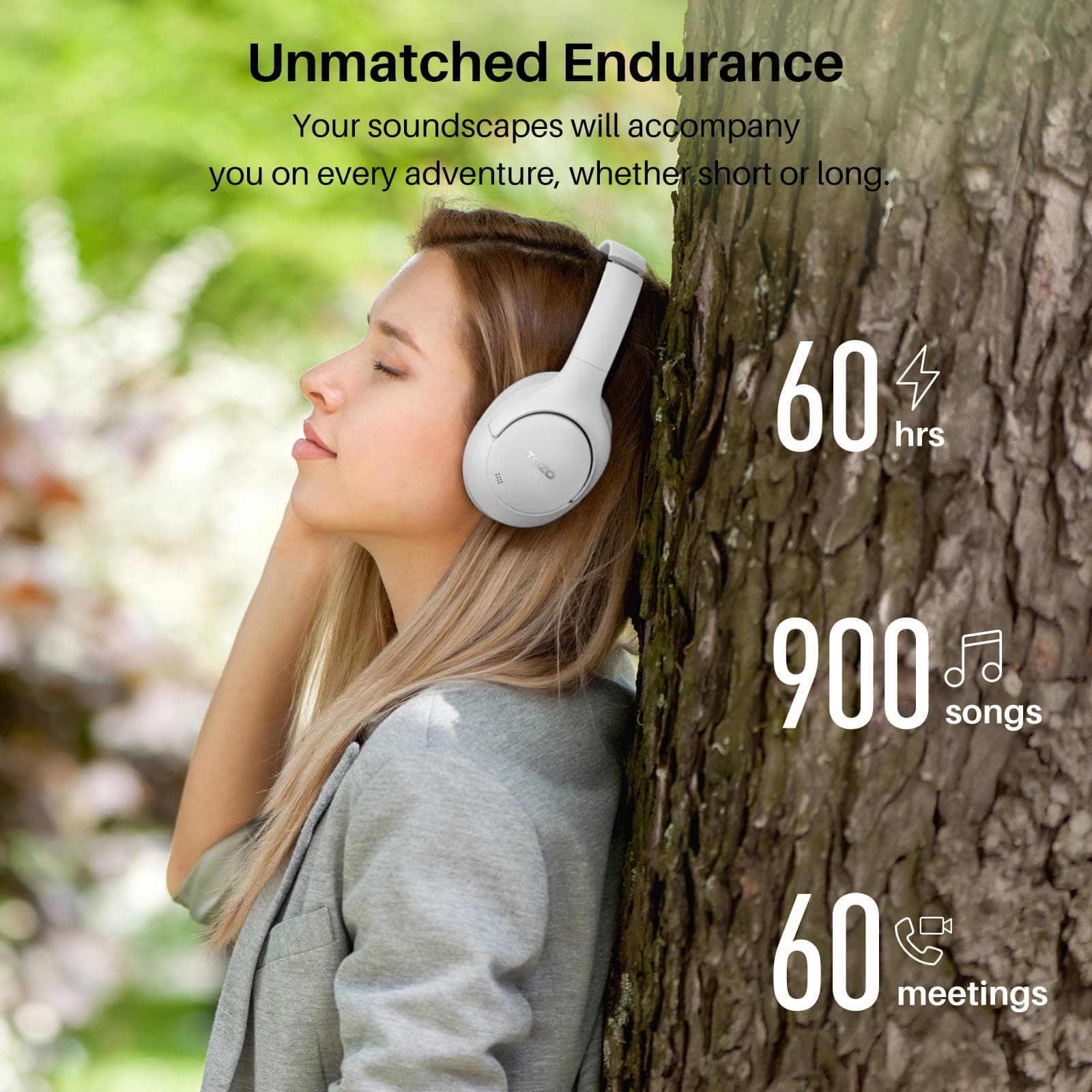 TOZO HT2 Hybrid Active Noise Cancelling Wireless Headphones, 60H Playtime Lossless Audio Over Ear Bluetooth Headphones, Hi-Res Audio Deep Bass Foldable Lightweight Headset for Workout White thumbnail 5