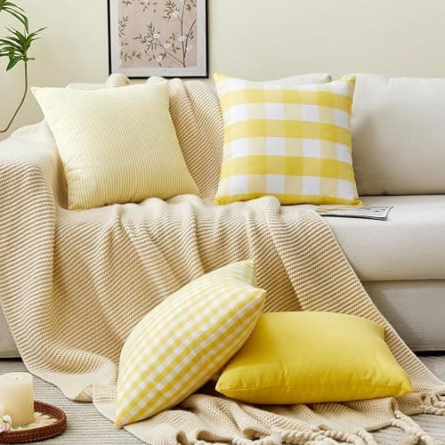 Yellow Striped Summer Outdoor Throw Pillow Covers 18x18 Set of 2, 18 x 18 Yellow and White Outdoor Throw Pillows, Modern Farmhouse Boho Decor Pillow Covers for Porch Patio (No Pillow Inserts) thumbnail 6