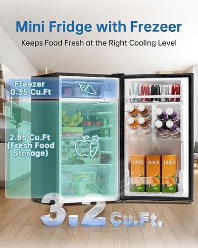 Frostorm 3.2 Cu Ft Mini Fridge with Freezer, Single Door Upright Freezer | Energy Efficient, Large Capacity, Reversible Door, ETL Certified, Small Refrigerator for Bedroom, Office & Dorm, Black thumbnail 3