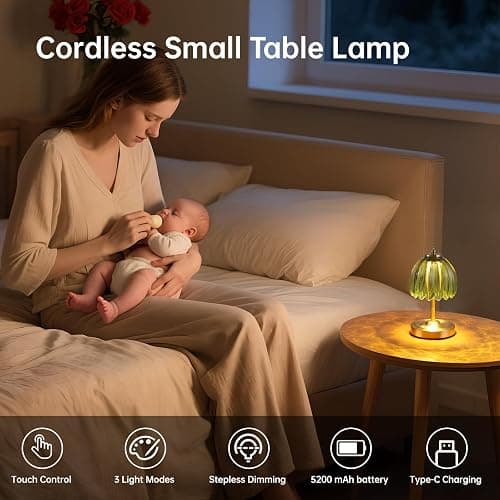 Shenmoyl Tulip Small Table Lamp, 5200mAh Cordless Touch Control Mini Table Lamp with 3 Color Temps & Stepless Dimming, Perfect for Small Spaces Like Dressers, Bedsides, Bookshelves (Green Tulip) thumbnail 2