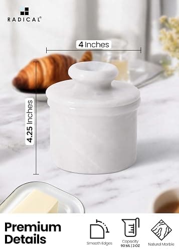 Radicaln Marble Butter Keeper 4.25'' Inches White Handmade French Butter Holder For Kitchen Counter Decor Ideal Butter Crock For Counter With Water & Butter Crock For Kitchen thumbnail 2