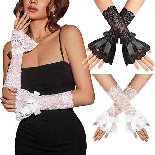 Avidlove Women Ruffle Bow Lace Gloves Fingerless Mid Elbow Sleeve Costume Wedding Opera Tea Party Prom Cosplay Gothic - Image 1