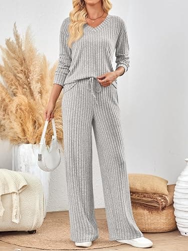 LILLUSORY Lounge Sets for Women 2 Piece Cute Long Sleeve V Neck Tops Pajama Pants Pjs Sets Sleepwears Fall Clothes Outfits thumbnail 3