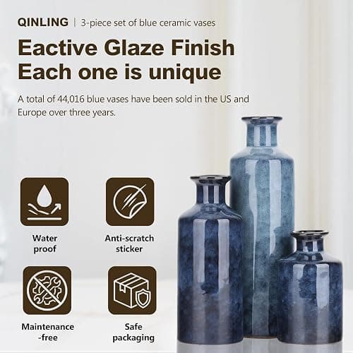 Blue Ceramic Vase Set - 3 Blue Small Vases, Farmhouse Country Flower Vase Home Decor, Living Room Decoration, Table Decoration, Fireplace Decor, and Entrance Decorations Centerpieces thumbnail 4