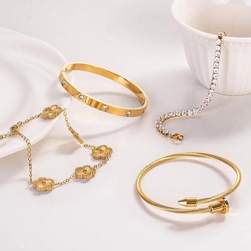 18K Gold Plated Nail love Bangle Bracelet Set for Women Stackable Gold Clover Adjustable tennis bracelet Trendy Gift Jewelry for Mother's Day Anniversary thumbnail 5