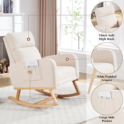 HCHAIRH Rocking Chair Nursery, Nursing Rocking Chairs with Foot Rest for Mom Nursery, Glider Rocker Chair with Footrest and High Backrest for Living Room, Bedroom, Beige thumbnail 5