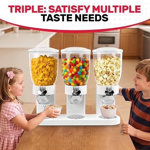 Adorabby Triple Cereal Dispenser Countertop 2L, Airtight Cereal Containers Storage, Large Capacity Total 6L for Kitchen Pantry, Rotating Dry Food Dispenser for Candy, Nut, Coffee Beans, White thumbnail 2