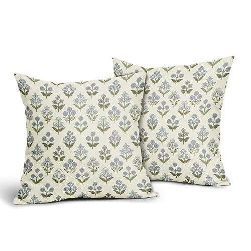 Sivirary Blue Green Block Print Pillow Covers 18x18 Inch Set of 2, Vintage Floral Spring Decorative Throw Pillow Cases Boho Cushion Covers Rustic Decoration Gift Farmhouse Sofa Couch Bed Decor thumbnail 4