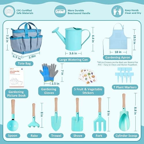 Cossy Kids Gardening Set, 13PCS Garden Tool Kit for Kids and Toddlers Boys Girls, Includes Tote Bag, Watering Can, Shovels, Rake, Kids Gardening Gloves, Apron and More, Blue thumbnail 3