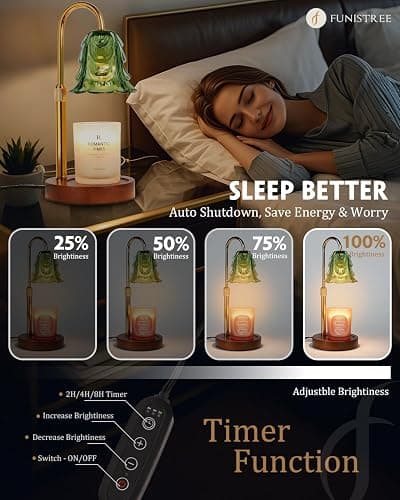 Funistree Small Candle Warmer Lamp with Timer, Adjustable Green Lamp Warmer for Jar Candles, Christmas Birthday Gifts for Women Mom Her, Dimmable Candle Heater, Cute Wax Warming Light with Wood Base thumbnail 3