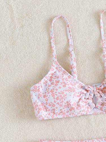 OYOANGLE Girl's 2 Piece Ditsy Floral Bikini Swimsuit Ring Linked Ruched Bathing Suit thumbnail 4
