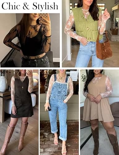 YLIRJ Women's Lace Long Sleeve Tops Mesh Sheer Blouse See Through Floral Concert Outfits Party Lace Undershirt thumbnail 4