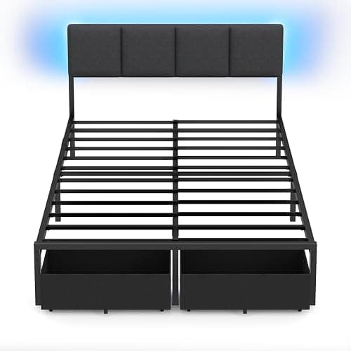 Furnulem Full Size Bed Frame with Headboard, Upholstered Full Bed Frame with LED Light, USB Charging Station, Platform Bedframe with 2 Fabric Underbed Storage Drawers, No Spring Box Needed thumbnail 9