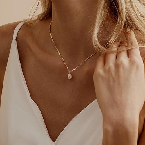 Pearl Necklace for Women Trendy,14k Gold Plated Necklace Dainty Wedding Necklace Small Cute Choker Necklace Beaded Lariat Drop Necklace Vintage Waterproof Jewelry for Women Gold Jewelry Fashion Gifts thumbnail 3