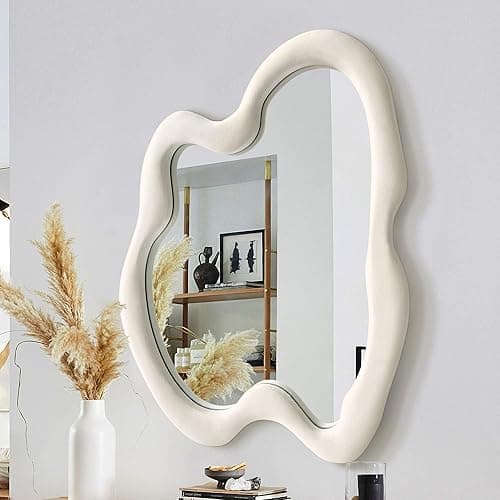 Irregular Wall Mirror, 28"x 36" Beige Wavy Mirror, Flannel Wrapped Wooden Frame Asymmetrical Decorative Mirrors, Modern Wall Mirror for Bedroom Living Room Entryway