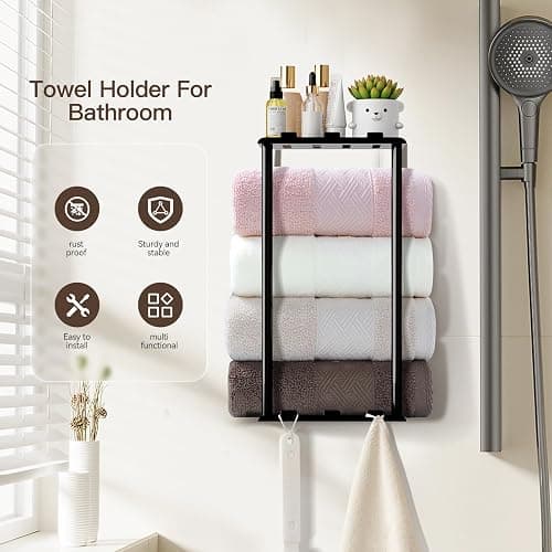 KISENG Towel Racks for Bathroom Towel Holder with Shelf & 6 Hooks,Space Saving Vertical Hanging Towel Rack, Sturdy Metal Wall Mounted Towel Storage Rack for Rolled Towels Organizer - Black - 14.76 Inch/2 Tier thumbnail 8