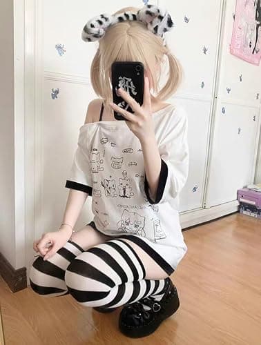 Y2k Kawaii Shirts for Women Cartoon Graphic Tees Off Shoulder Cutecore Shirts Harajuku Fashion Gothic Tops thumbnail 2