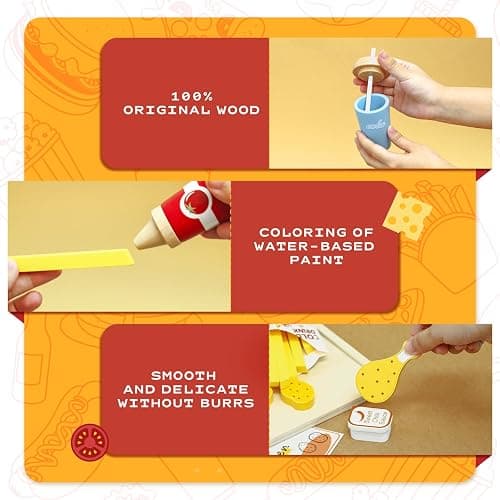Masonbaby Wooden Play Food Set for Children, Pretend Fast Food Playset, Wooden Hamburger French Fries Toy, Play Kitchen Accessories for Toddlers, Educational Toys Gift for Boys Girls thumbnail 6