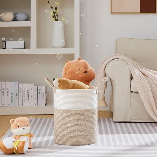 VIPOSCO Large Laundry Hamper, Tall Woven Rope Storage Basket for Blanket, Toys, Dirty Clothes in Living Room, Bathroom, Bedroom - 53L White & Brown thumbnail 3