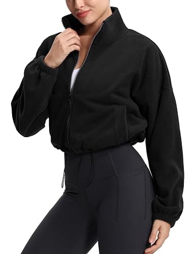 THE GYM PEOPLE Women's Fleece Cropped Jacket Full Zip Stand Collar Workout Short Sherpa Coats with Pockets Drawstring Hem thumbnail 5
