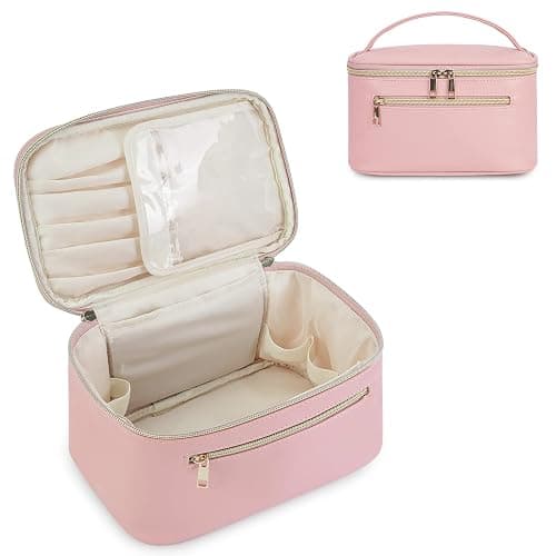 Wandering Nature Makeup Bag, Travel Make Up Organizer Cosmetic Brush Bags Case for Women in Vegan Leather, Pink, Patent Pending - Image 1