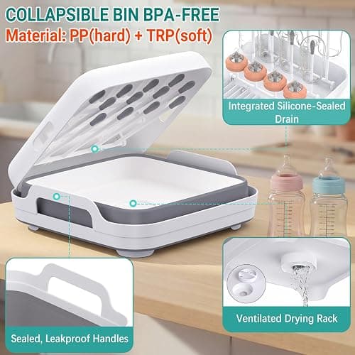 Yecuip Collapsible Wash Basin for Baby Bottles with Drying Rack – 2.4 Gallon Foldable Dish Tub with Handles, Portable RV Camping Sink & Space-Saving Wash Bin with Lid for Kitchen, Travel & Outdoor thumbnail 5