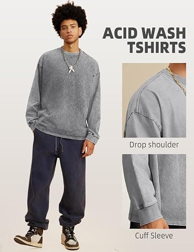 Arssm Mens Oversized T-Shirts Cotton Long Sleeve Tshirts Vintage Acid Wash Baggy Tees thumbnail 4
