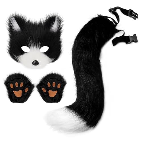 Adolala Faux Fur Fox Tail Cat Wolf Set Plush Mask Fluffy Paw Gloves Halloween Christmas Party for Women - Image 1