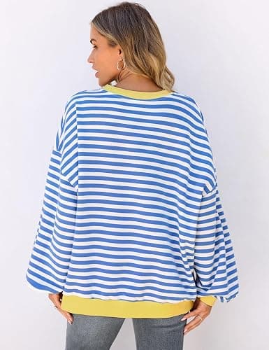 UEU Women Oversized Striped Crewneck Sweatshirt Long Sleeve Color Block Pullover Tops Casual Loose Workout Shirt thumbnail 5