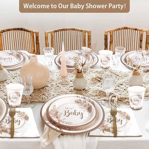 Heboland Babyparty Deko Partygeschirr Set, 125 Stück Neutral Hey Baby Party Decoration Teller Becher Servietten für Baby Shower Deko thumbnail 4