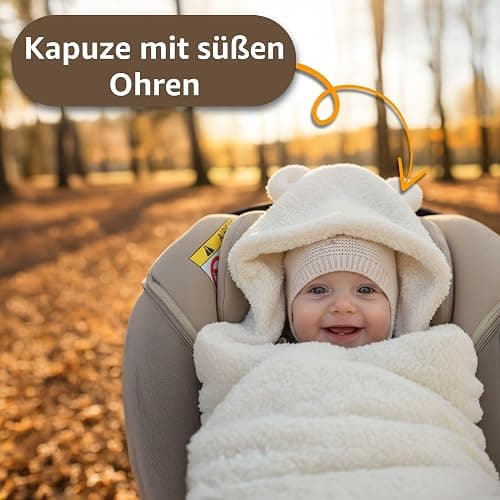 Kuschelige Boucle Einschlagdecke für Babyschale & Kinderwagen – warme Babydecke beidseitig mit Kapuze für Neugeborene – Premium Teddy für den Winter 90×90 cm Hellgrau thumbnail 5