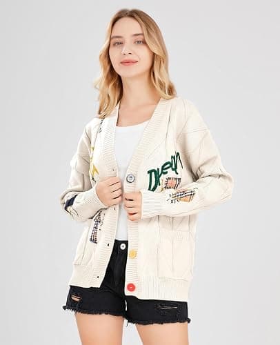 Women's Cable Knit Long Sleeve Open Front Cardigan Sheep V-Neck Button Down Embroidery Wool Blend Sweater Coat Outwear thumbnail 4