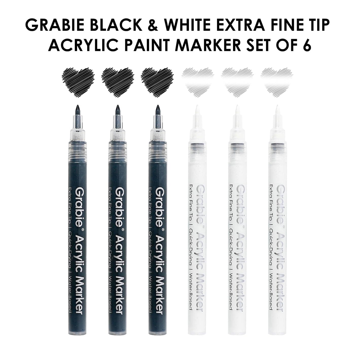 Grabie Black&White Extra Fine Tip Acrylic Paint Marker Set, 6 Pack, 0.7mm Acrylic Paint Pens for Highlights, White Highlight Markers thumbnail 2